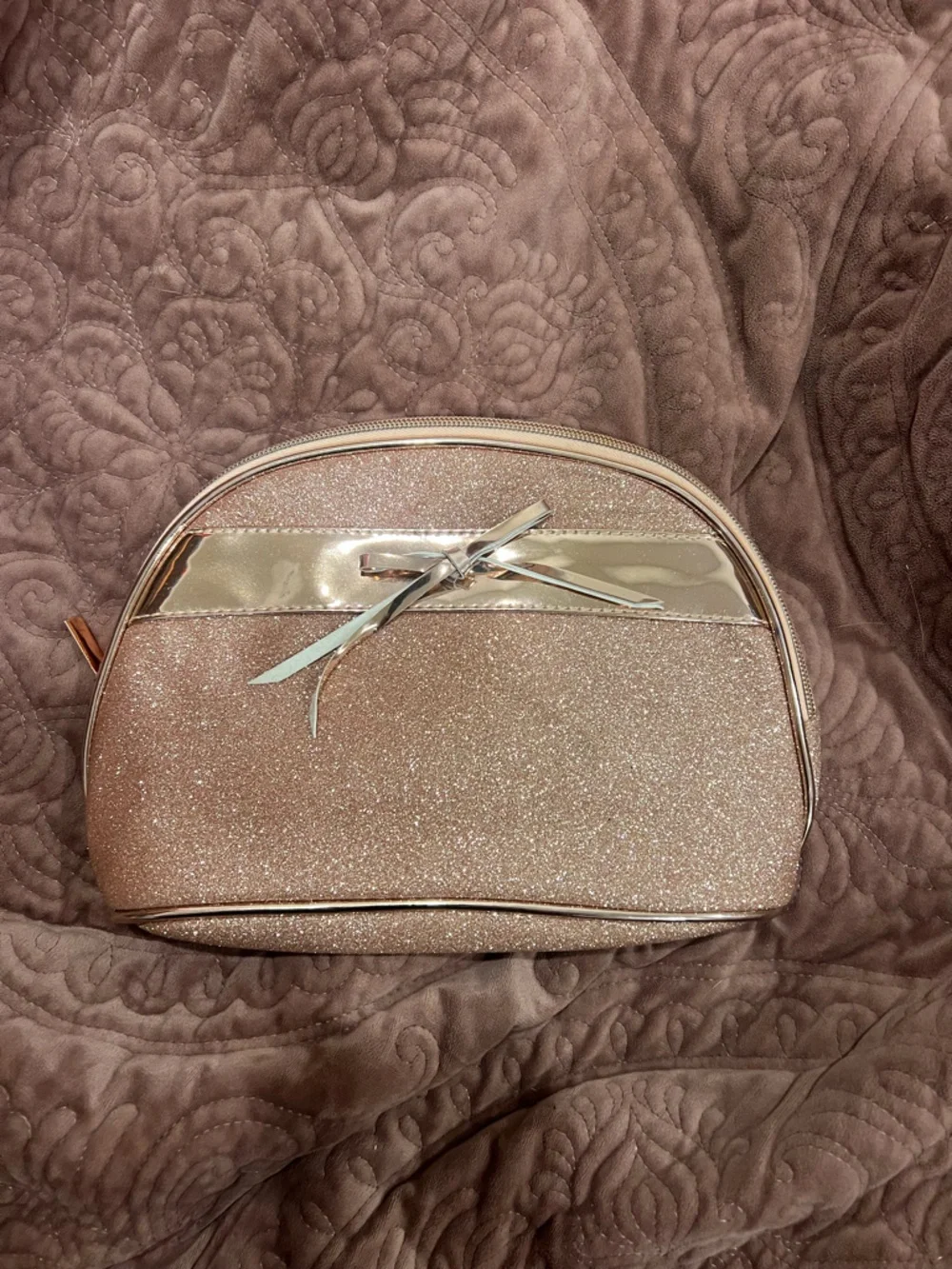 Glitter Bow Cosmetic Pouch in Rose Gold